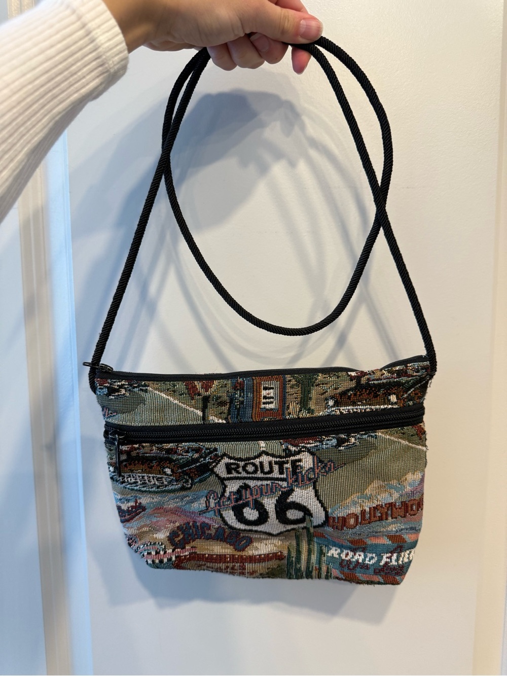 Vintage Route 66 Tapestry Crossbody Bag in Multicolor